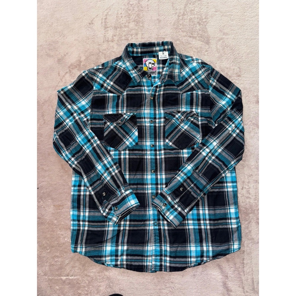 Vintage Mambo Mens  Pearl Snap Black‎ Blue CheckBoard Long-Sleeve Flannel Sz L